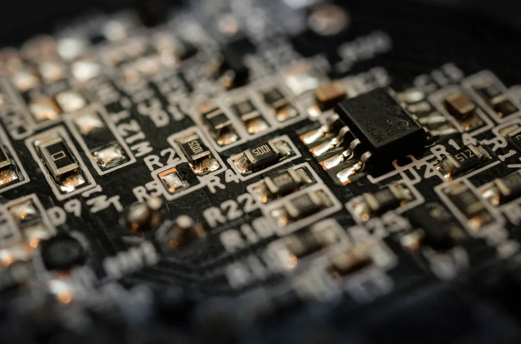Macro photograph of a populated printed circuit board