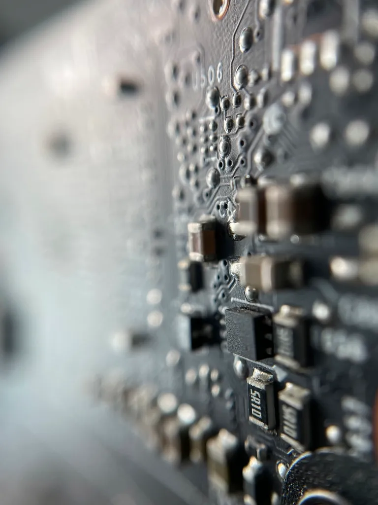 Surface-mount components on a circuit board at shallow depth of field